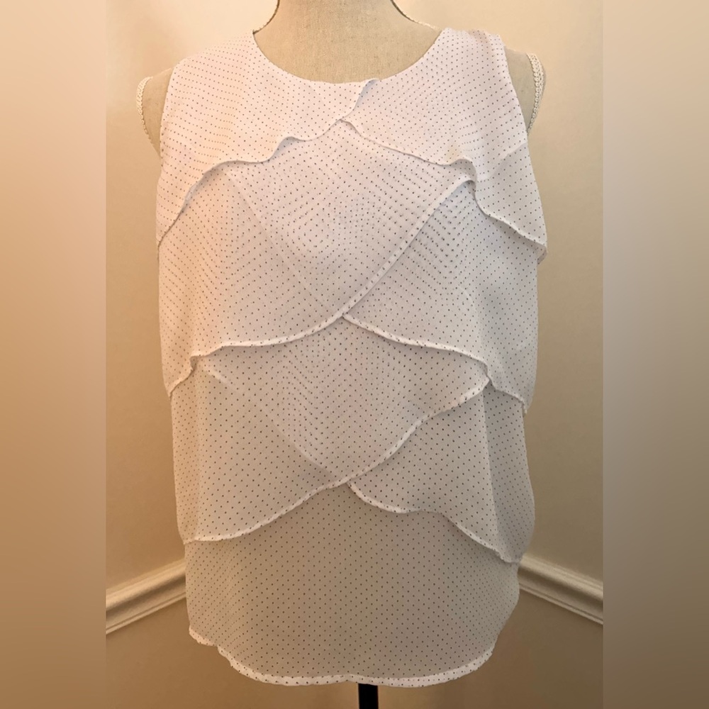 Liz Claiborne White Black Polka Dot Layered Ruffled Blouse Top Size Small